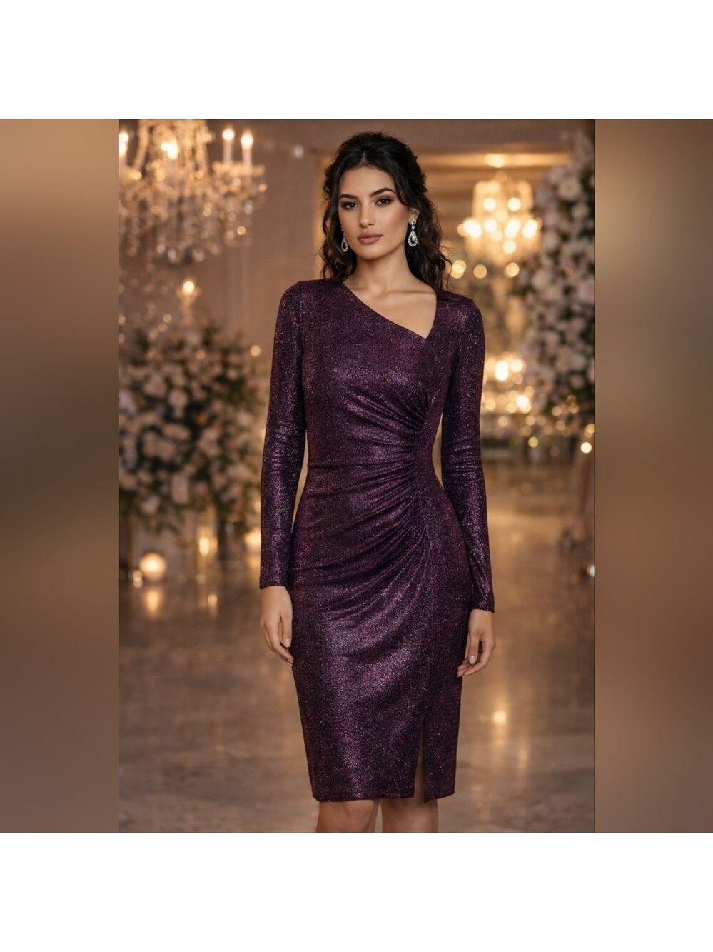 NWT Vince Camuto Metallic Purple Glitter Long Sleeve Prom Party Dress Size 8